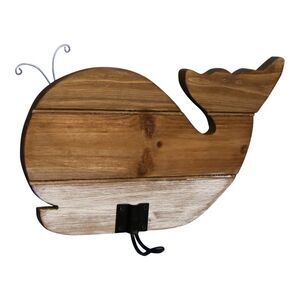 Whale Shaped Single Wall Hook Natural and White Washed Wood Plaque 11.5 Inches